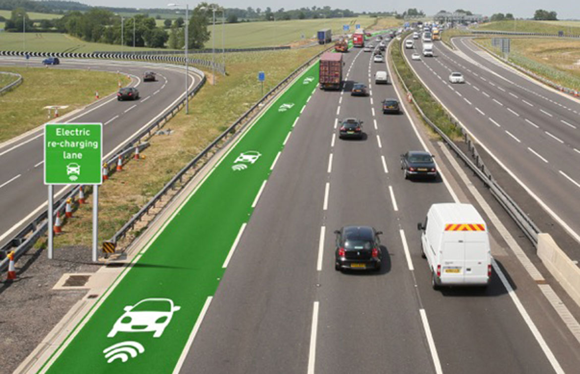 未来的道路可能会架设专门用于充电的车道。