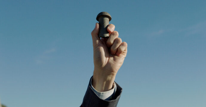 A steel rivet used by the Elsewhere Philatelic Society as part of the Bay Bridge steel reuse program