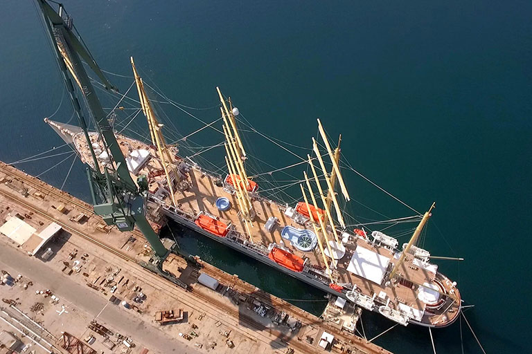 World's largest sail ship Golden Horizon at dock