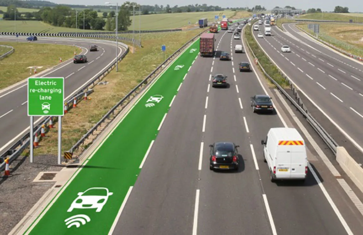 Future roads may feature dedicated lanes for charging vehicles. Future roads may feature dedicated lanes for charging vehicles.