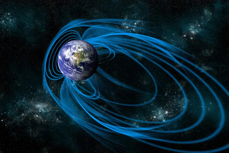 An illustration of solar winds impacting on the earth's magnetosphere