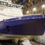 The stainless steel hull of the Polaris icebreaker can be seen in the dry dock of the Arctech shipyard in Helsinki. The stainless steel hull of the Polaris icebreaker can be seen in the dry dock of the Arctech shipyard in Helsinki.