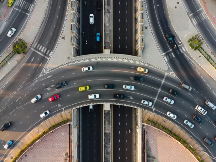 Cars in road traffic - top view (automotive sector)