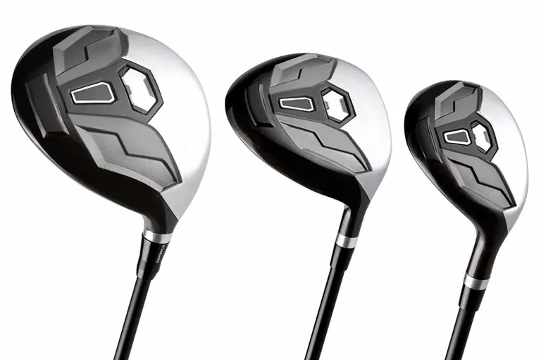 A row of three steel golf clubs